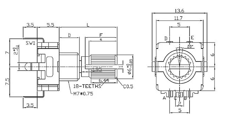 Rotary encoder met drukknop 15mm met knurled shaft (EC11) afmetingen